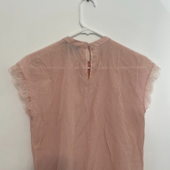 EXPRESS Light Baby Pink Textured Swiss Dot Lace Trim High Neck Coquette Blouse S - Picture 10 of 11